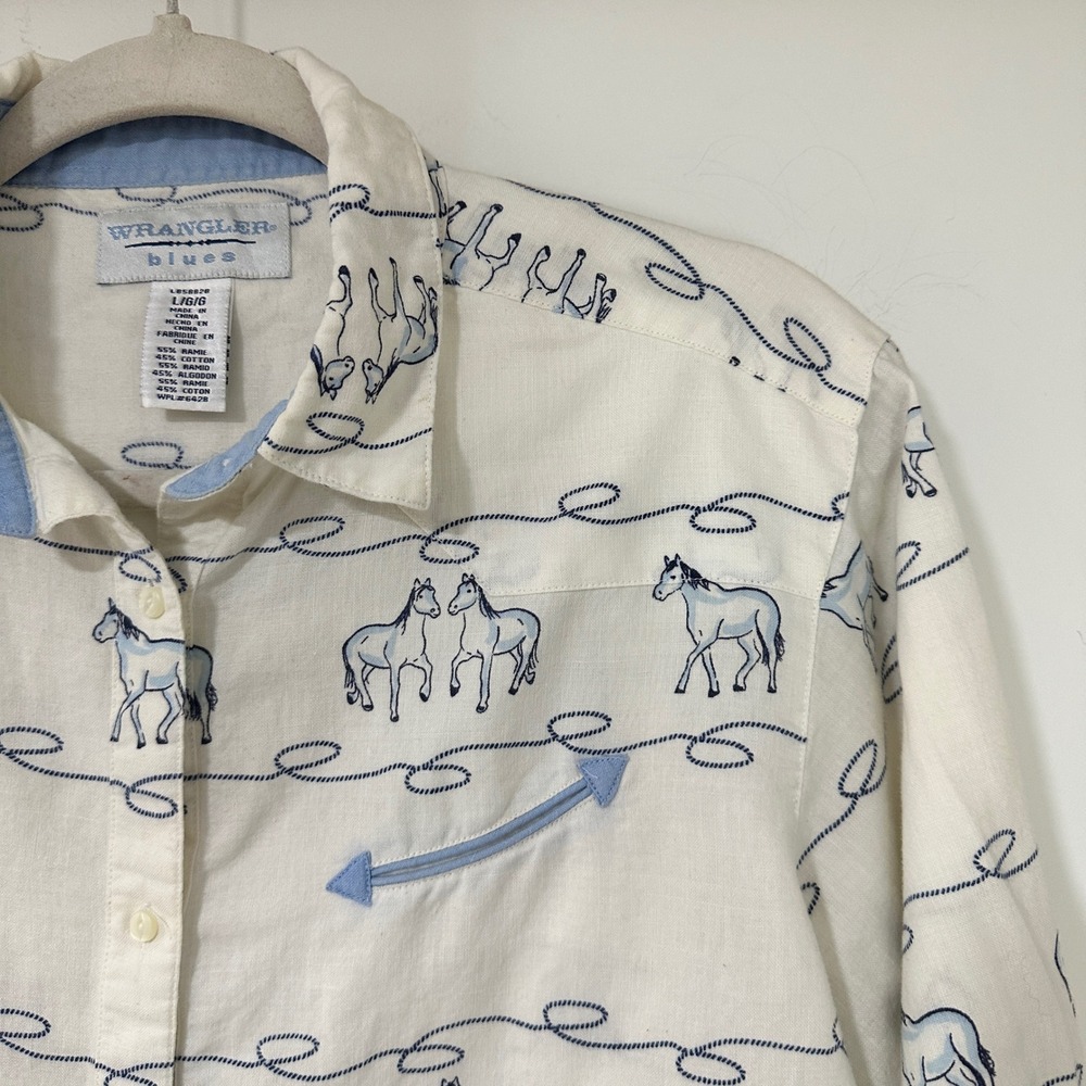 Wrangler Blues Horse Print Western Shirt Womens L Ramie Cotton Cowgirl Rodeo